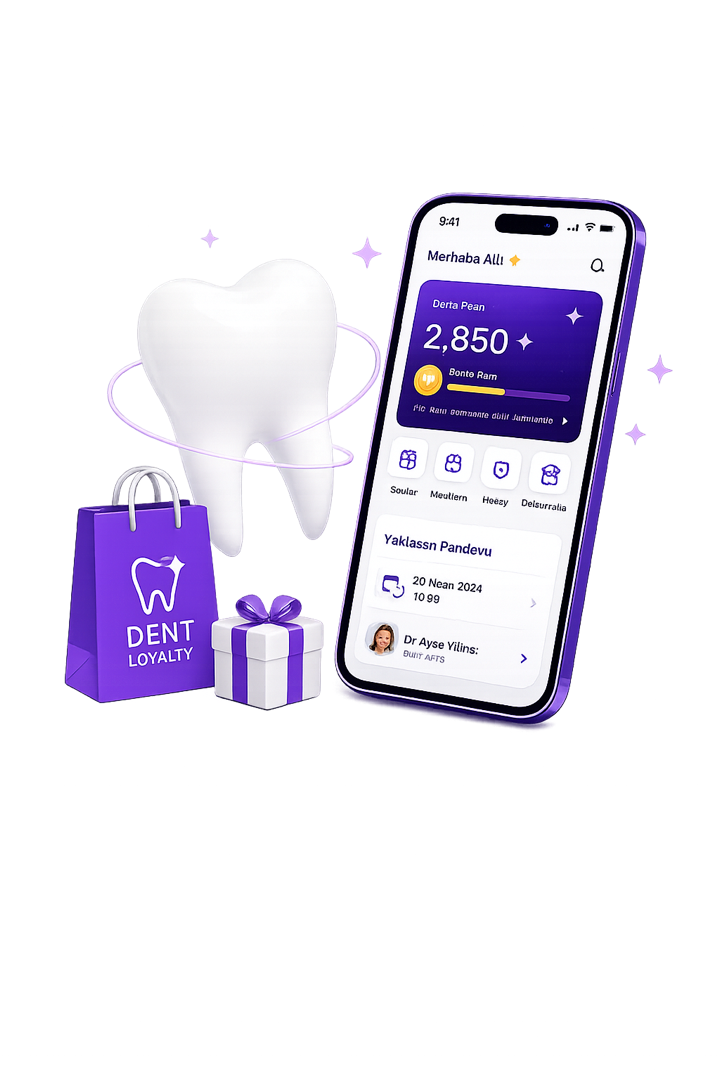 Dent Loyalty mobil uygulaması, diş, alışveriş çantası ve hediye görseli